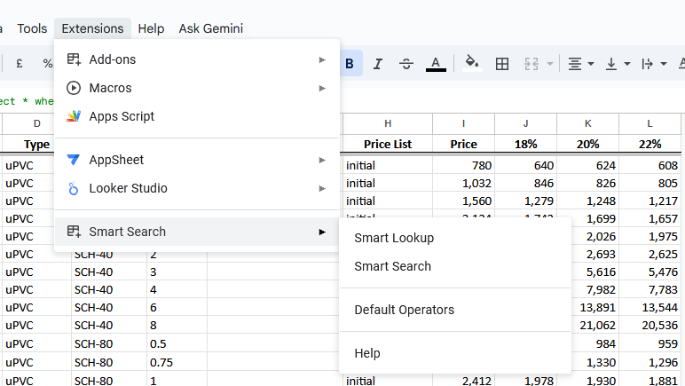 Extensions Menu in Google Sheets