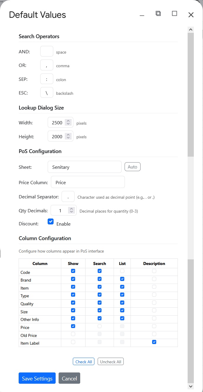 Default Settings dialog with configuration options