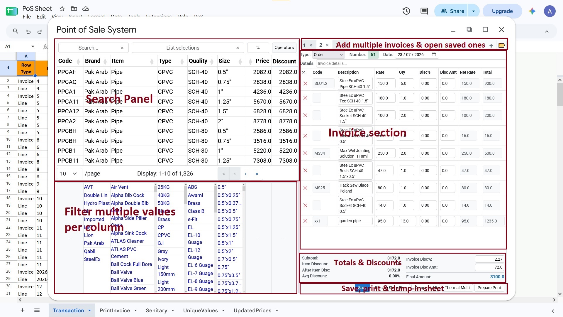 SheetERP POS Invoice interface showing dual-panel layout