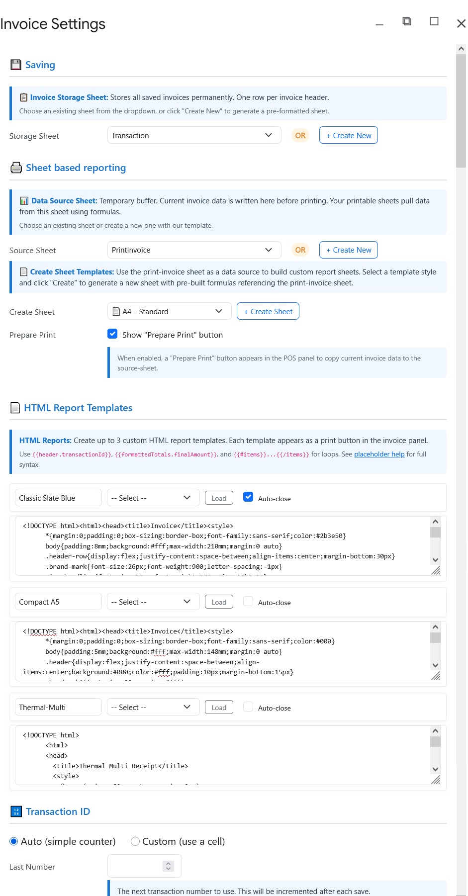 Invoice Settings dialog with saving sheet and template options