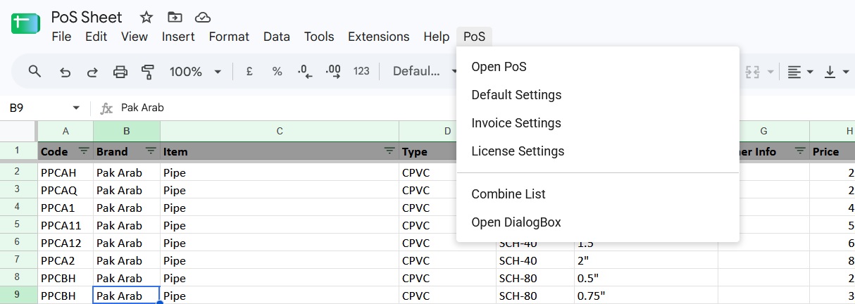 Extensions menu showing SheetERP options
