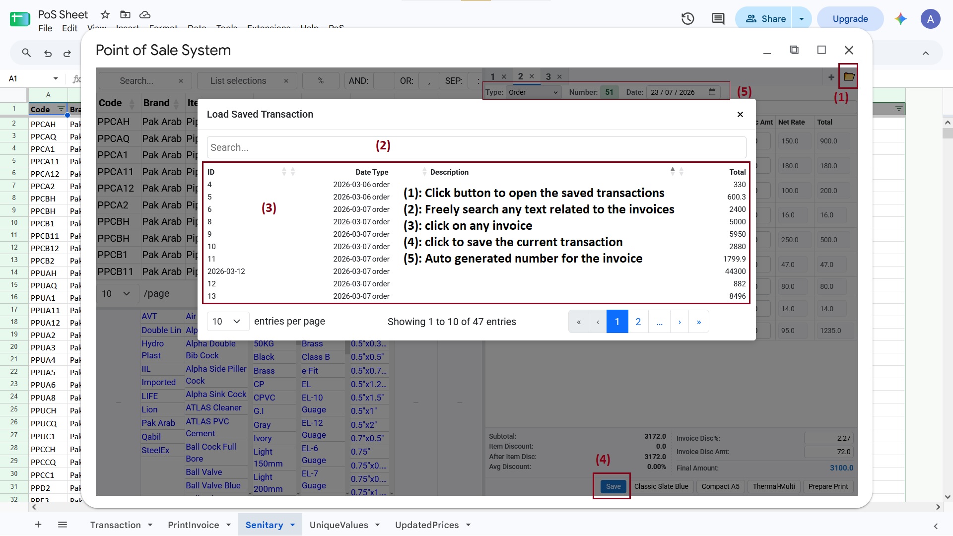 Save and load transactions interface