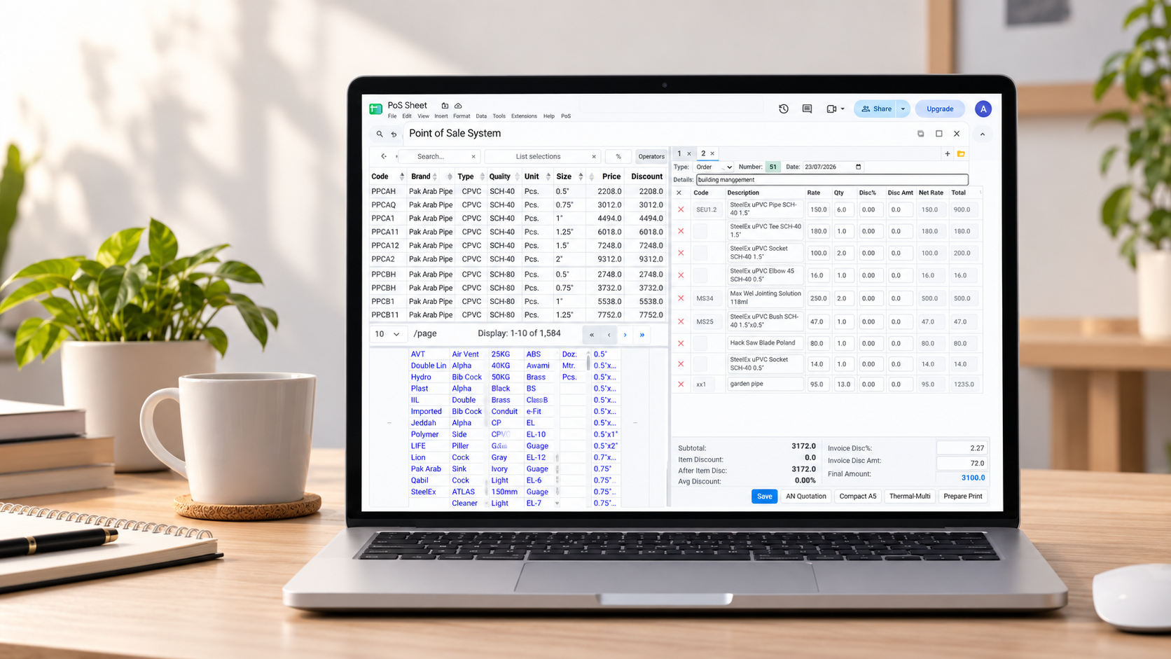 SheetERP POS Invoice interface showing dual-panel layout with search and invoice